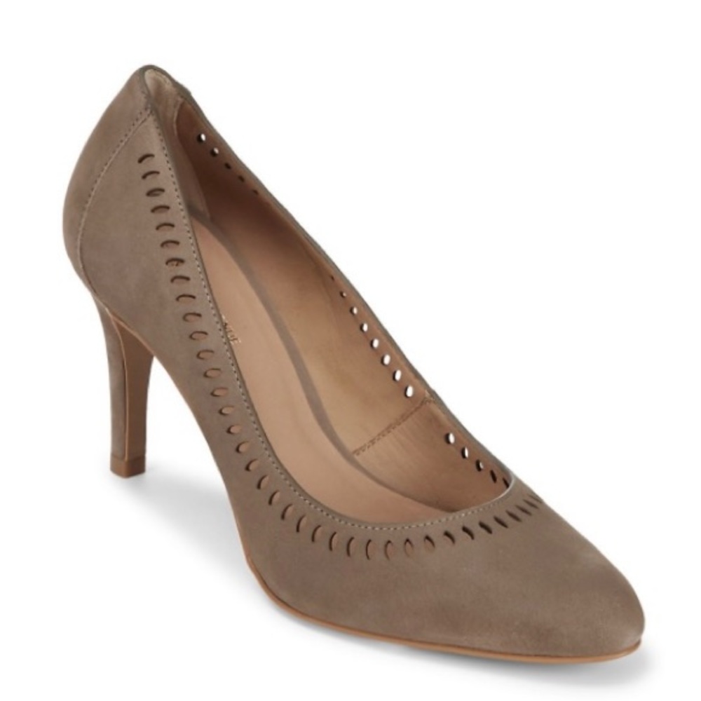 Saks Fifth Avenue Suede Leather High Heel Pumps in Griege Mushroom Perforated